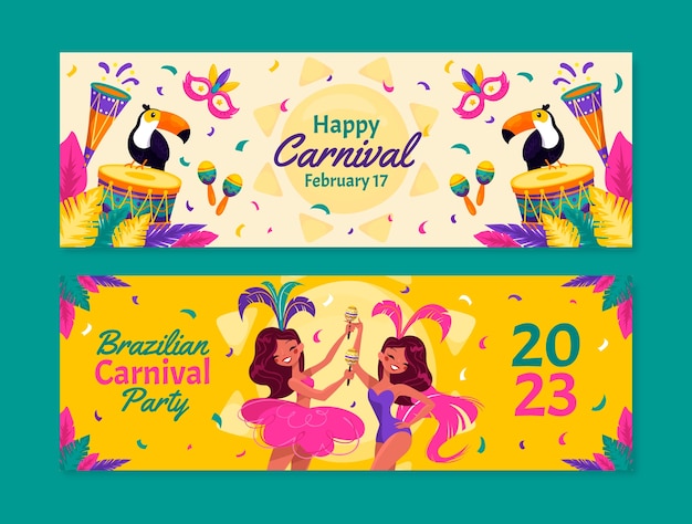 Conjunto de banners horizontales de celebración de carnaval brasileño plano