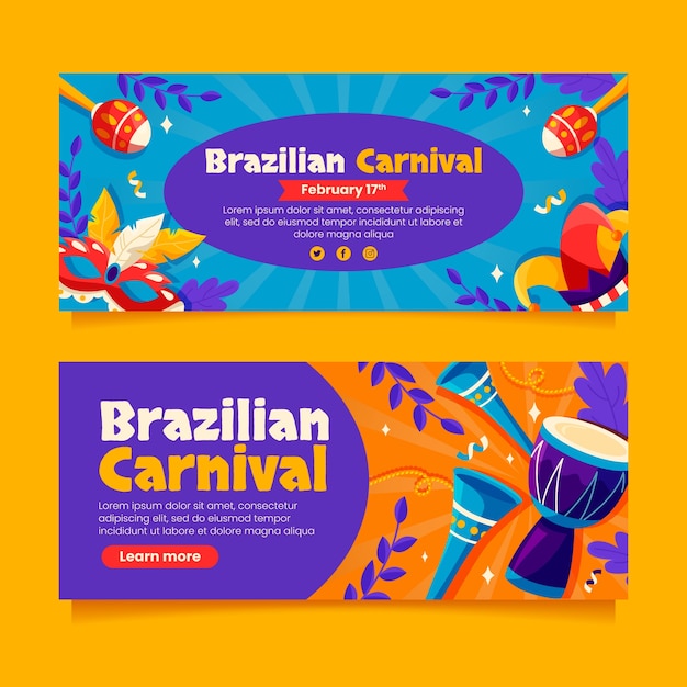 Conjunto de banners horizontales de celebración de carnaval brasileño plano