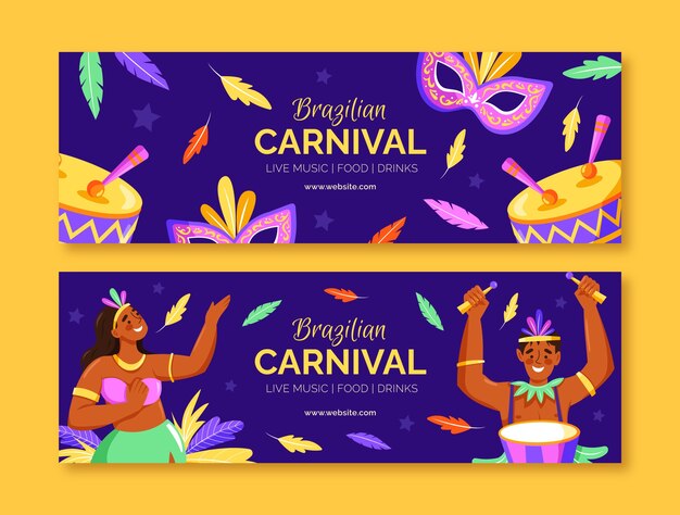 Conjunto de banners horizontales de celebración de carnaval brasileño plano