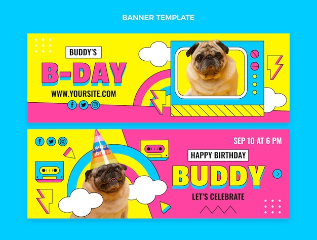 Conjunto de banners horizontales de cumpleaños nostálgico plano de los 90