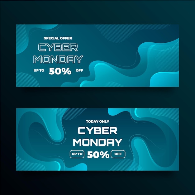 Conjunto de banners horizontales de cyber monday ondulado degradado