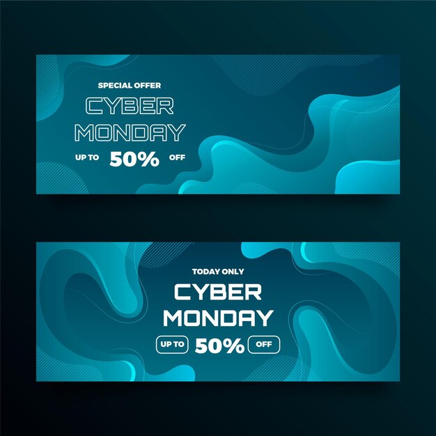 Conjunto de banners horizontales de cyber monday ondulado degradado