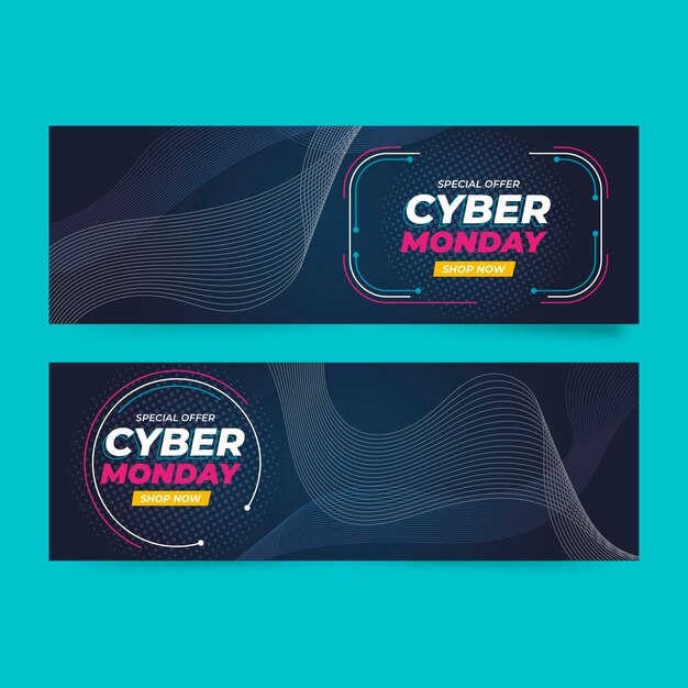 Conjunto de banners horizontales de cyber monday ondulado plano