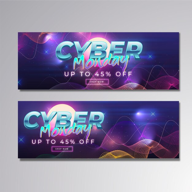 Conjunto de banners horizontales de cyber monday ondulado realista