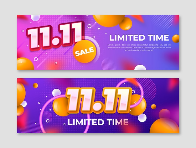 Conjunto de banners horizontales de degradado 11.11 para el día de los solteros