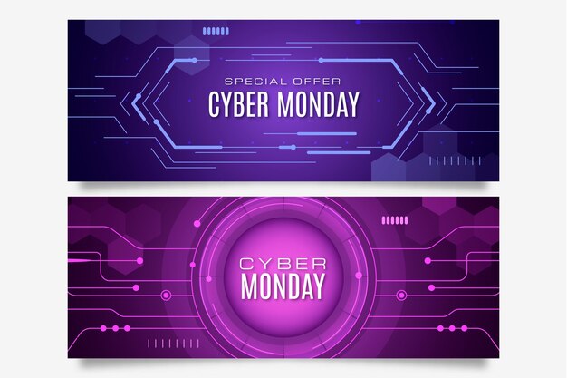 Conjunto de banners horizontales degradado futurista cyber monday