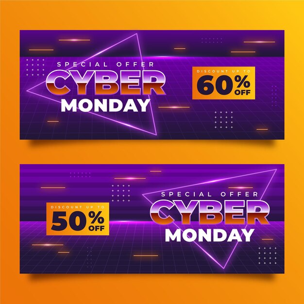 Conjunto de banners horizontales degradado futurista cyber monday