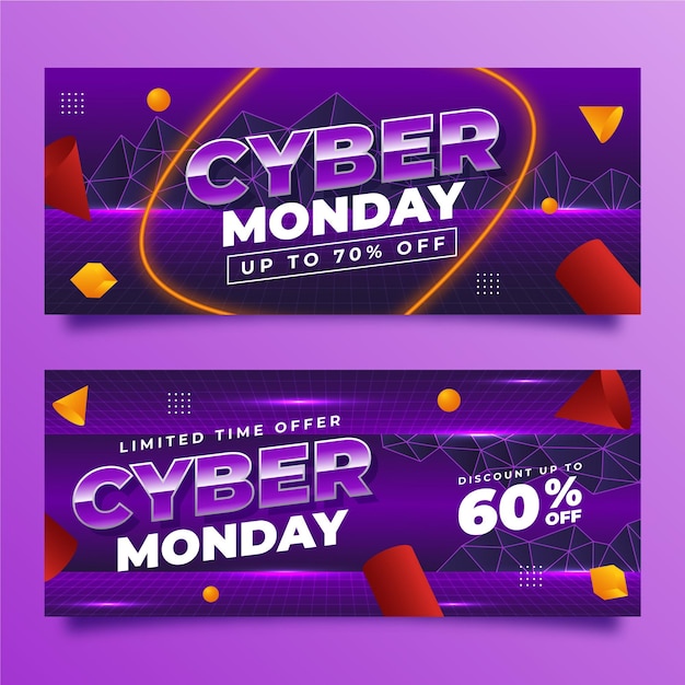 Conjunto de banners horizontales degradado futurista cyber monday