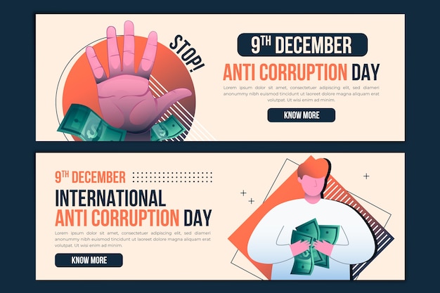 Vector gratuito conjunto de banners horizontales degradados del día anticorrupción