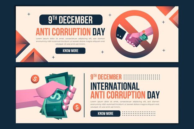 Conjunto de banners horizontales degradados del día anticorrupción