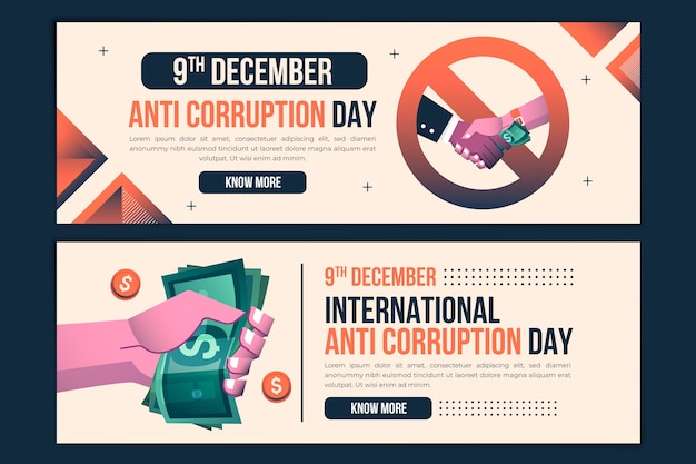 Conjunto de banners horizontales degradados del día anticorrupción
