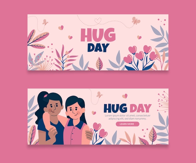 Vector gratuito conjunto de banners horizontales de día de abrazo plano dibujado a mano