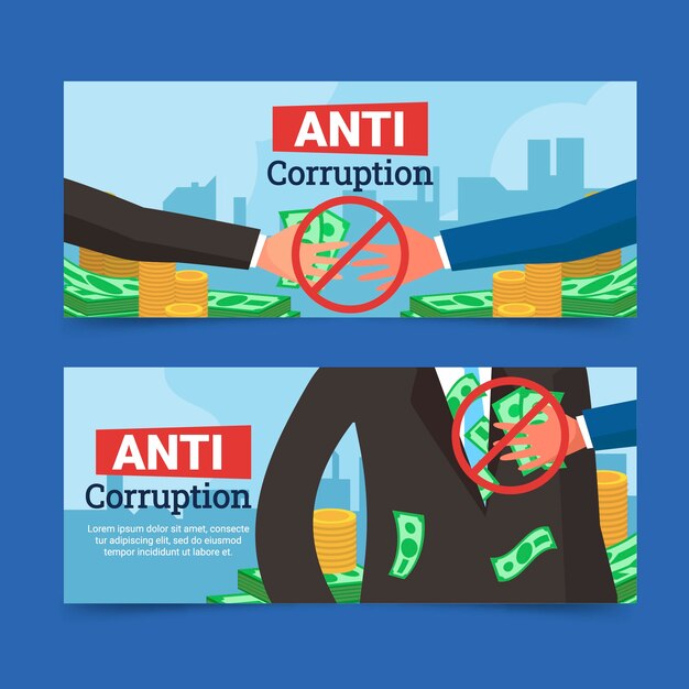 Conjunto de banners horizontales del día anticorrupción planos dibujados a mano
