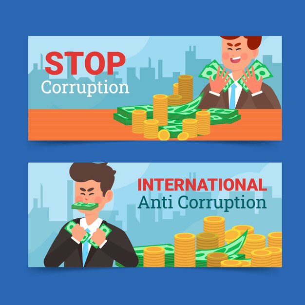 Conjunto de banners horizontales del día anticorrupción planos dibujados a mano