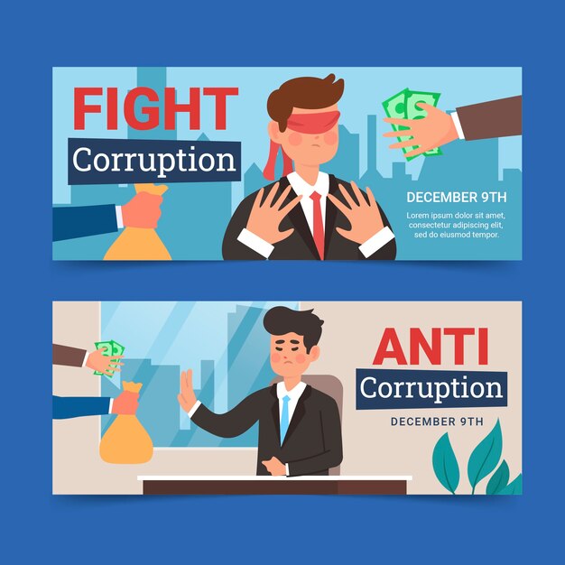 Conjunto de banners horizontales del día anticorrupción planos dibujados a mano