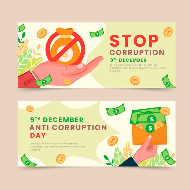 Conjunto de banners horizontales del día anticorrupción planos dibujados a mano