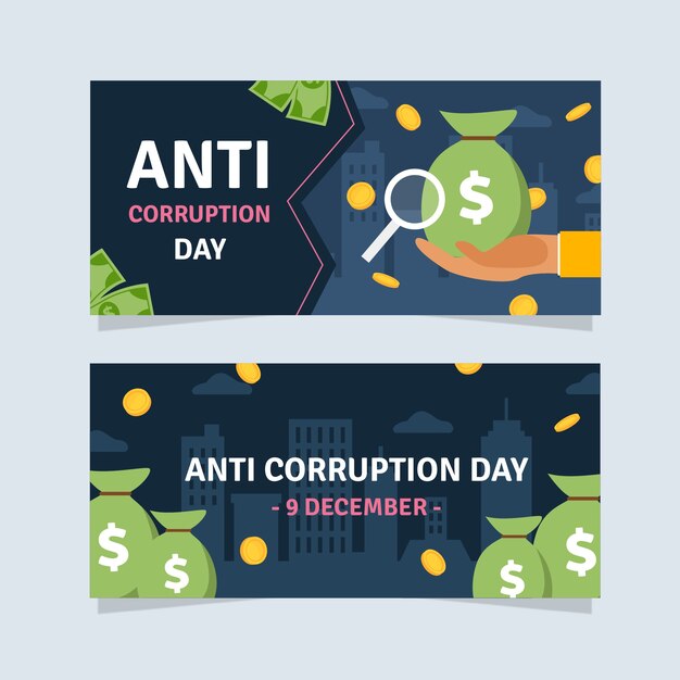 Conjunto de banners horizontales del día anticorrupción planos dibujados a mano