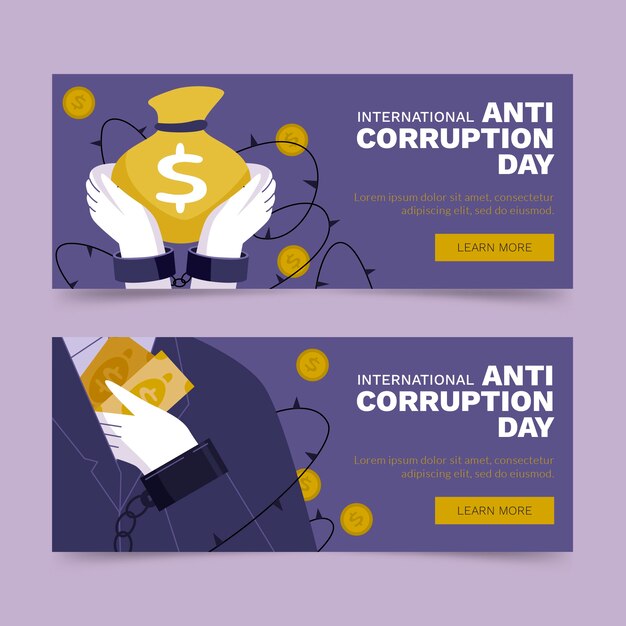 Conjunto de banners horizontales del día anticorrupción planos dibujados a mano