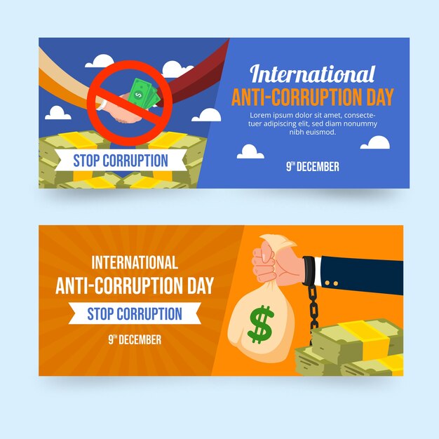 Conjunto de banners horizontales del día anticorrupción planos dibujados a mano