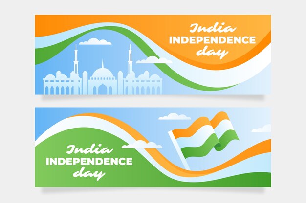 Conjunto de banners horizontales del día de la independencia de india degradado