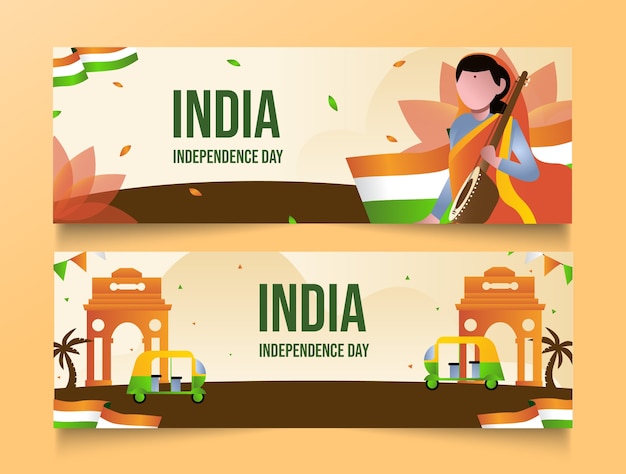 Vector gratuito conjunto de banners horizontales del día de la independencia de india degradado