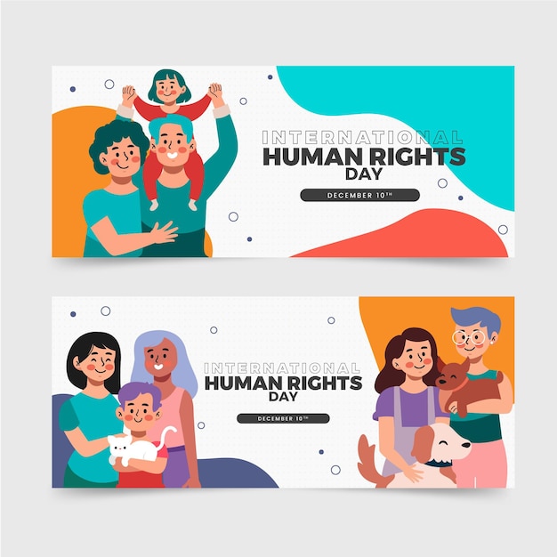 Conjunto de banners horizontales del día internacional de los derechos humanos dibujados a mano