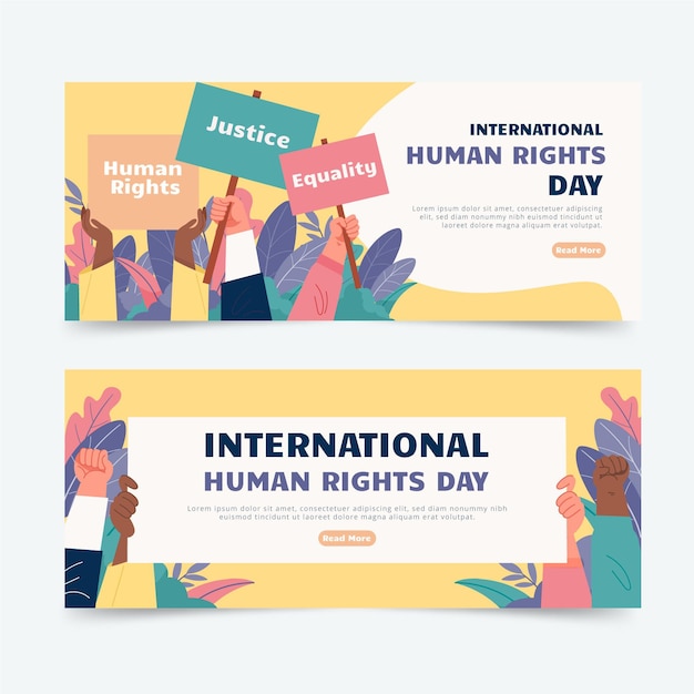 Vector gratuito conjunto de banners horizontales del día internacional de los derechos humanos planos dibujados a mano