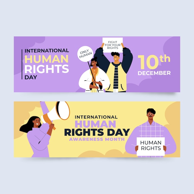 Vector gratuito conjunto de banners horizontales del día internacional de los derechos humanos planos dibujados a mano