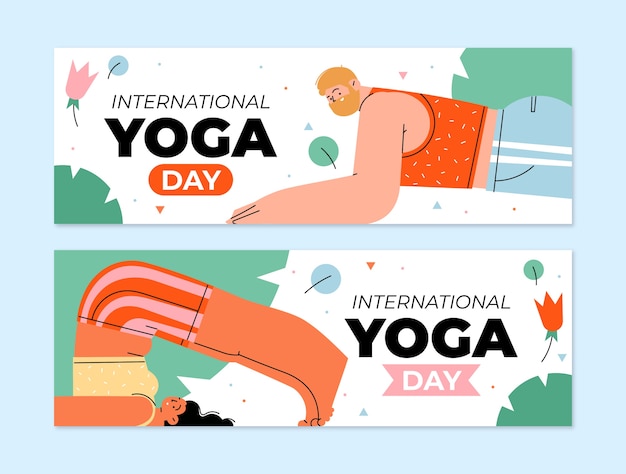Vector gratuito conjunto de banners horizontales del día internacional del yoga plano