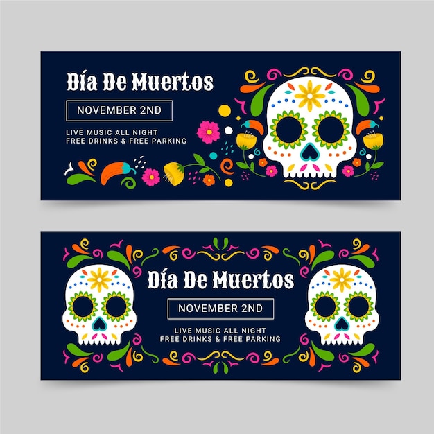 Conjunto de banners horizontales dia de muertos dibujados a mano