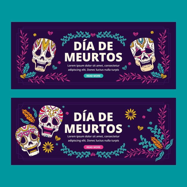 Conjunto de banners horizontales dia de muertos dibujados a mano