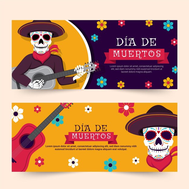 Conjunto de banners horizontales dia de muertos dibujados a mano