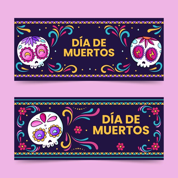 Conjunto de banners horizontales dia de muertos dibujados a mano