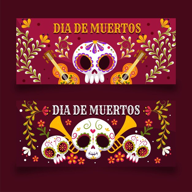 Conjunto de banners horizontales de dia de muertos plano