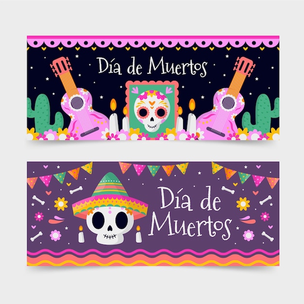 Vector gratuito conjunto de banners horizontales de dia de muertos plano