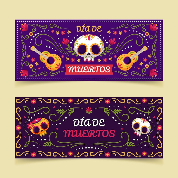 Vector gratuito conjunto de banners horizontales de dia de muertos plano