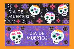 Vector gratuito conjunto de banners horizontales de dia de muertos plano