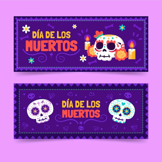 Vector gratuito conjunto de banners horizontales de dia de muertos plano