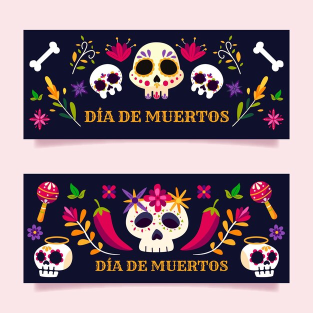 Conjunto de banners horizontales de dia de muertos plano