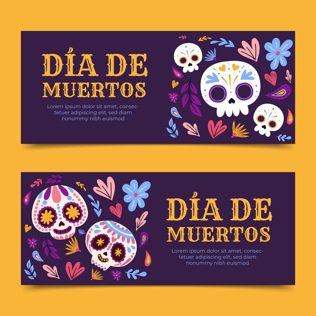 Conjunto de banners horizontales dia de muertos planos dibujados a mano