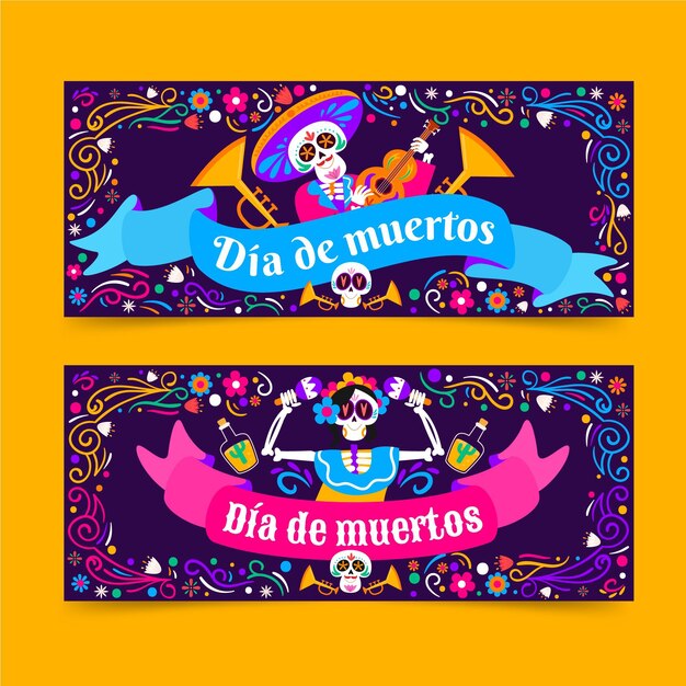 Conjunto de banners horizontales dia de muertos planos dibujados a mano