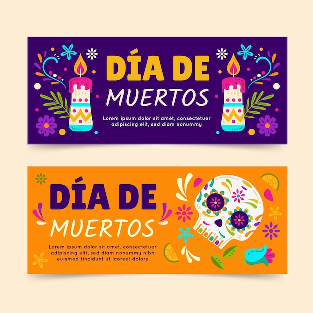 Vector gratuito conjunto de banners horizontales dia de muertos planos dibujados a mano