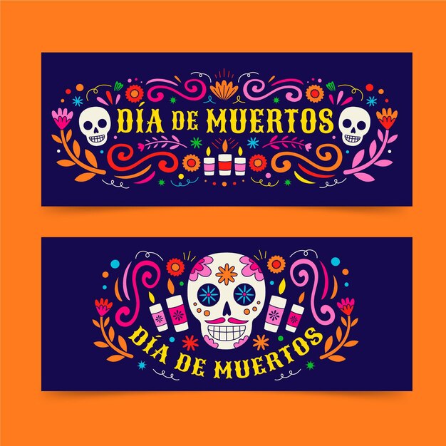 Conjunto de banners horizontales dia de muertos planos dibujados a mano