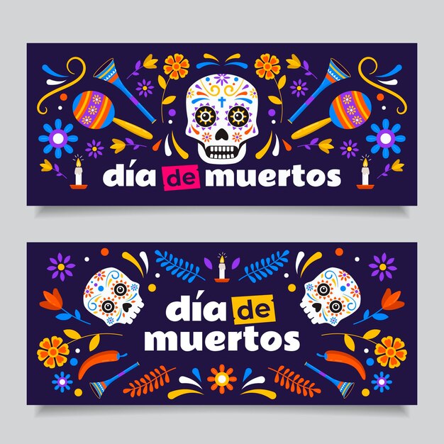 Conjunto de banners horizontales dia de muertos planos dibujados a mano