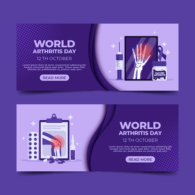 Conjunto de banners horizontales del día mundial de la artritis plana
