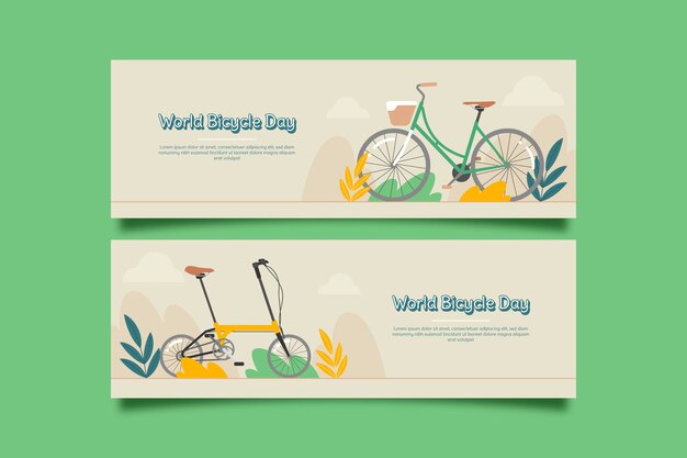 Conjunto de banners horizontales del día mundial de la bicicleta plana