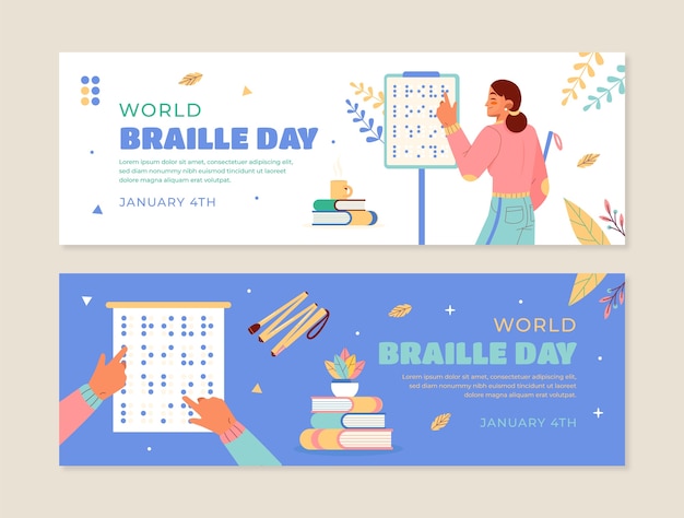 Vector gratuito conjunto de banners horizontales del día mundial braille plano