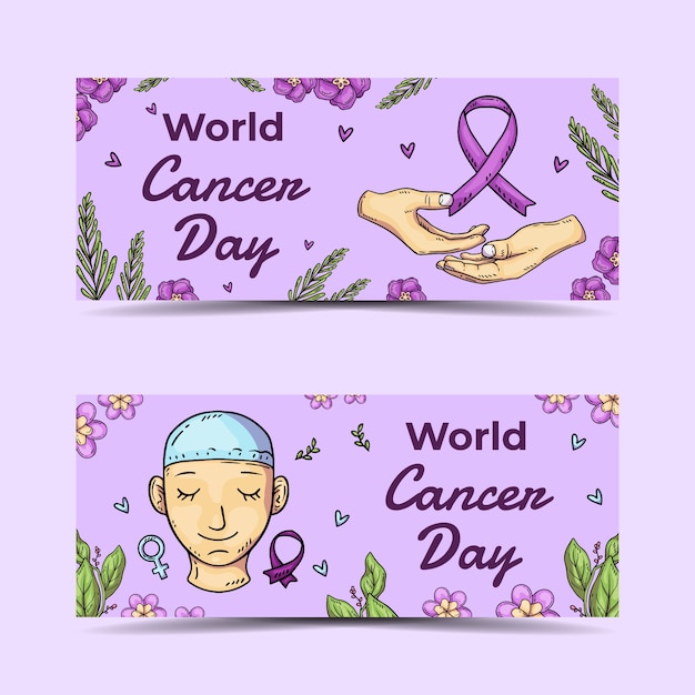 Vector gratuito conjunto de banners horizontales del día mundial del cáncer dibujados a mano