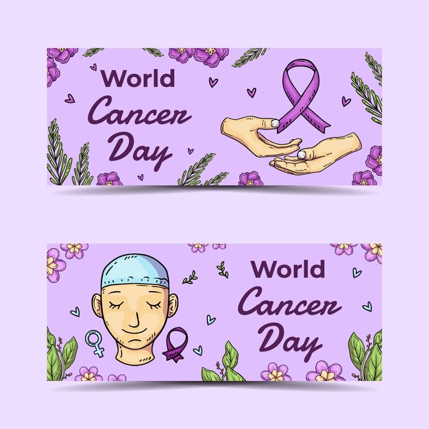 Conjunto de banners horizontales del día mundial del cáncer dibujados a mano
