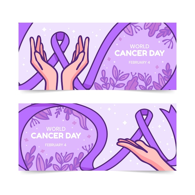 Vector gratuito conjunto de banners horizontales del día mundial del cáncer dibujados a mano